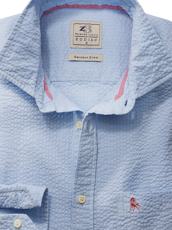 Cristiano Seersucker Sky Solid Full Sleeve Tailored Fit Casual Cotton Shirt