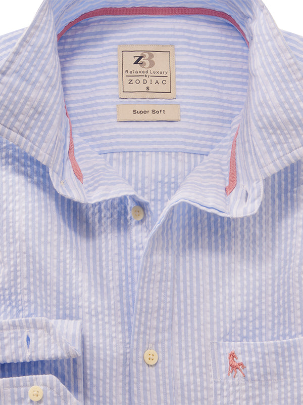 Messi Seersucker Sky Striped Full Sleeve Tailored Fit Casual Cotton Shirt