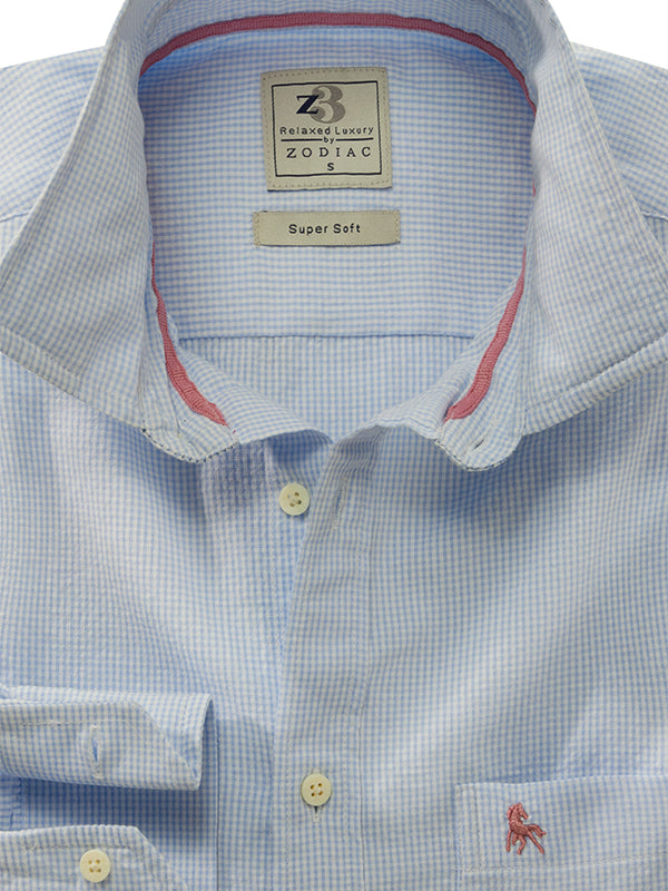 Helsinki Seersucker Sky Check Full Sleeve Tailored Fit Casual Cotton Shirt