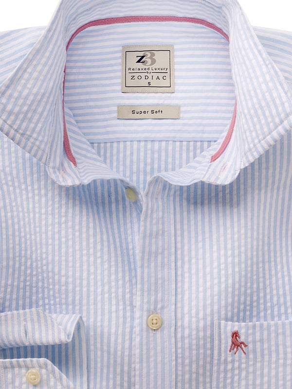 Pasman Seersucker Sky Striped Full Sleeve Tailored Fit Casual Cotton Shirt