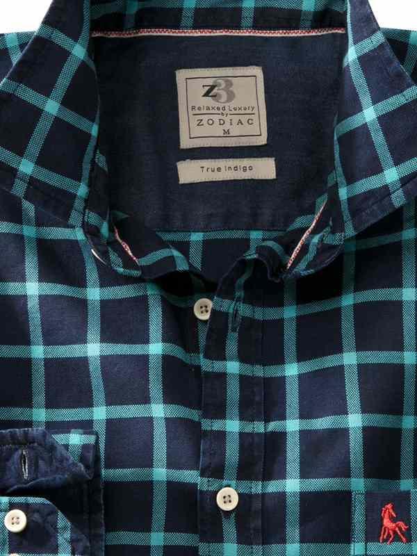 Robert Indigo Teal Check Full sleeve single cuff   Cotton Shirt