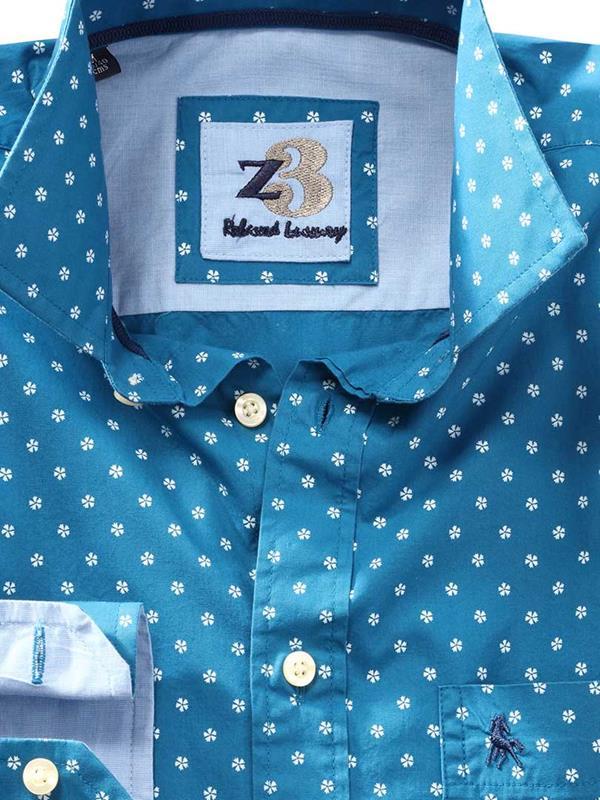 Aguero Turquoise Printed Full sleeve single cuff   Cotton Shirt