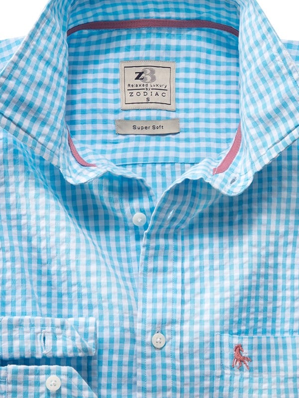 Denver Seersucker Turquoise Check Full Sleeve Tailored Fit Casual Cotton Shirt