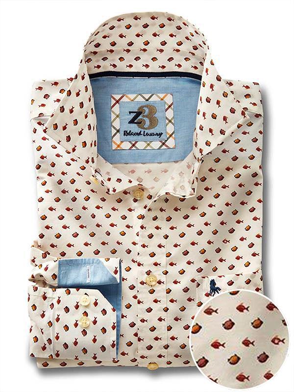 Bream White Printed Full sleeve single cuff   Cotton Shirt