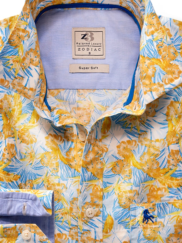 Bellingham Yellow Printed Full Sleeve Tailored Fit Casual Cotton Shirt