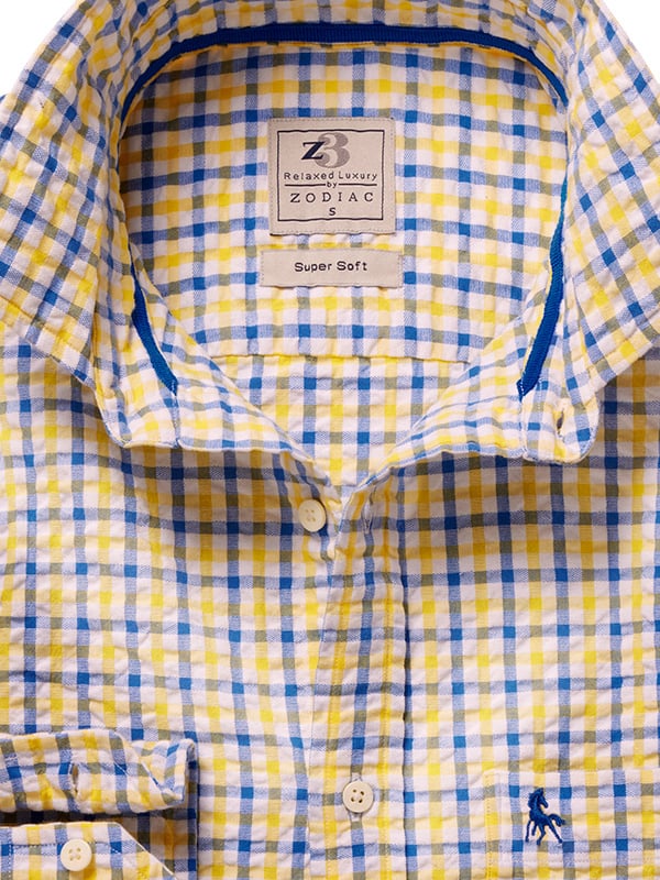 Ronaldo Seersucker Yellow Check Full Sleeve Tailored Fit Casual Cotton Shirt