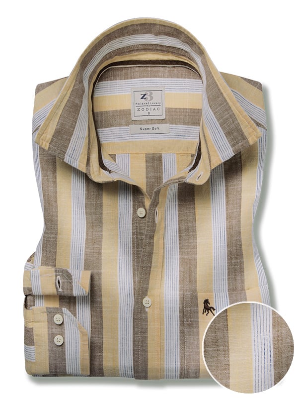 Solta Slub Yellow Striped Full Sleeve Tailored Fit Casual Cotton Shirt