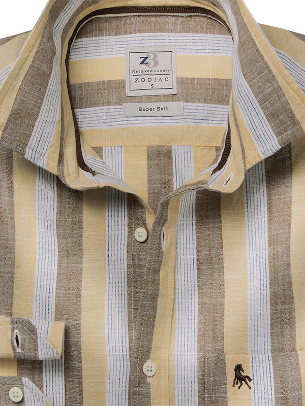 Solta Slub Yellow Striped Full Sleeve Tailored Fit Casual Cotton Shirt