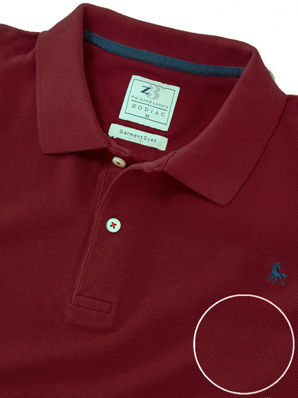 Z3 Polo Garment Dyed Maroon Solid Tailored Fit Casual Cotton T-Shirt