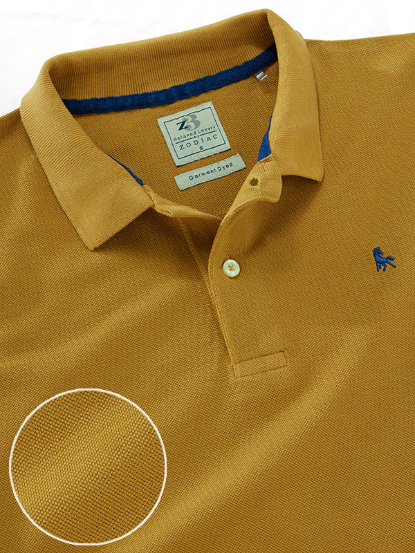 z3 Polo Garment Dyed Ochre Solid Tailored Fit Casual Cotton T-Shirt