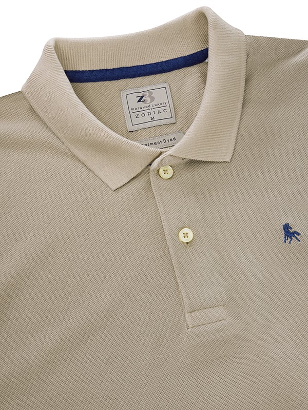 z3 Polo Garment Dyed Beige Solid Tailored Fit Casual Cotton T-Shirt