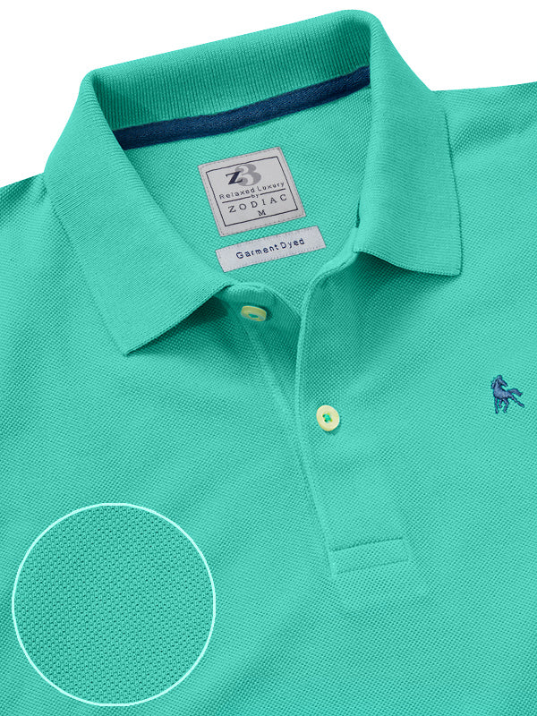 z3 Polo Garment Dyed Sea Green Solid Tailored Fit Casual Cotton T-Shirt