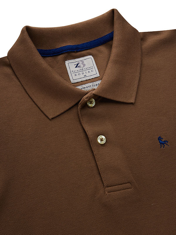 z3 Polo Garment Dyed Brown Solid Tailored Fit Casual Cotton T-Shirt