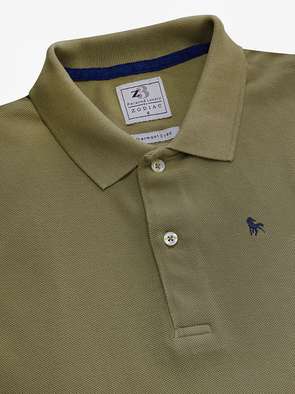z3 Polo Garment Dyed Olive Solid Tailored Fit Casual Cotton T-Shirt