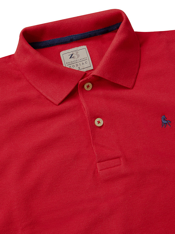 z3 Polo Garment Dyed Red Solid Tailored Fit Casual Cotton T-Shirt