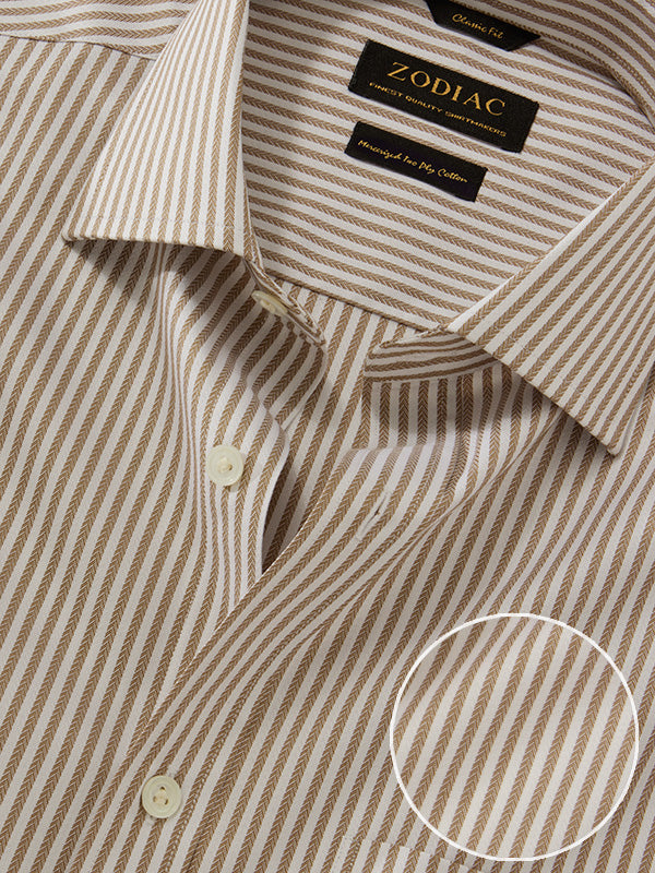 Antonello Beige Striped Full Sleeve Single Cuff Classic Fit Classic Formal Two Ply Mercerized Cotton Shirt