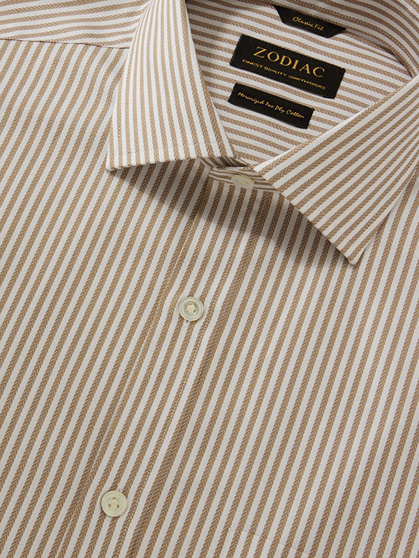 Antonello Beige Striped Full Sleeve Single Cuff Classic Fit Classic Formal Two Ply Mercerized Cotton Shirt