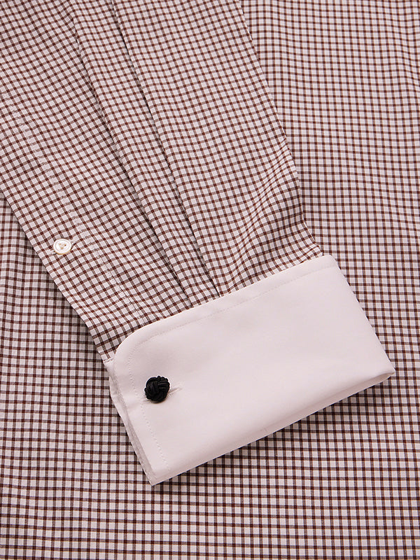 Barboni Brown Check Full Sleeve Double Cuff Classic Fit Classic Formal Silk Touch Egyptian Giza Cotton Shirt