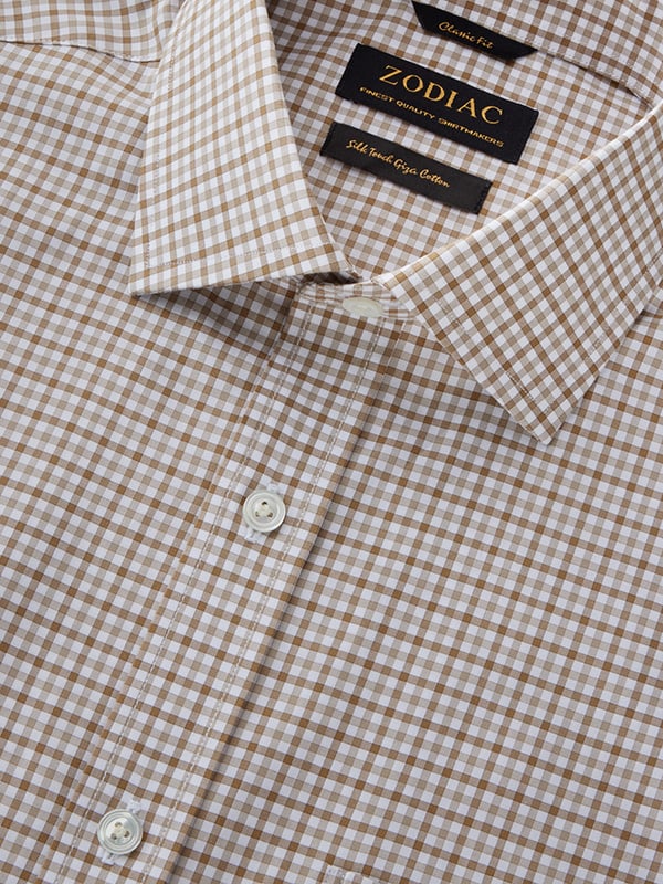 Barboni Beige Check Half Sleeve Classic Fit Classic Formal Egyptian Giza Silk Touch Cotton Shirt