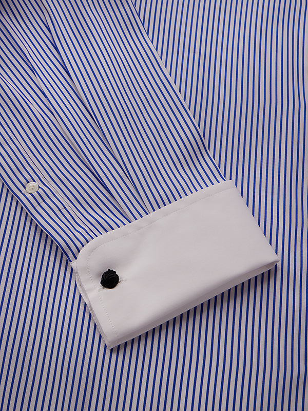 Barboni Blue Striped Full Sleeve Double Cuff Classic Fit Classic Formal Silk Touch Egyptian Giza Cotton Shirt