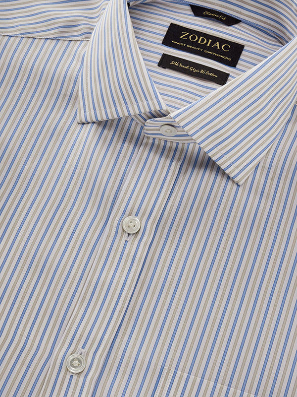 Barboni Beige Striped Full Sleeve Single Cuff Classic Fit Classic Formal Silk Touch Egyptian Giza Cotton Shirt