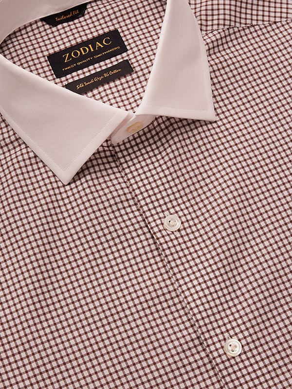 Barboni Brown Check Full Sleeve Double Cuff Tailored Fit Classic Formal Silk Touch Egyptian Giza Cotton Without Pocket Shirt
