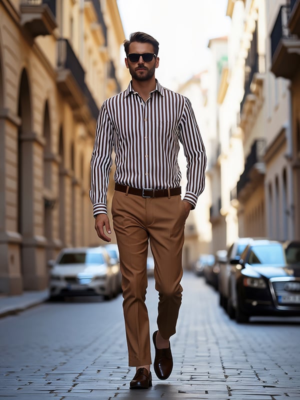 Barboni Brown Striped Full Sleeve Single Cuff Tailored Fit Classic Formal Silk Touch Egyptian Giza Cotton Shirt