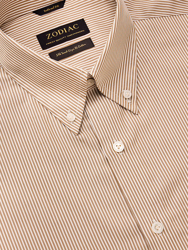 Barboni Beige Striped Full Sleeve Single Cuff Tailored Fit Classic Formal Silk Touch Egyptian Giza Cotton Without Pocket Shirt