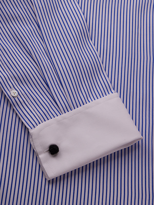Barboni Blue Striped Full Sleeve Double Cuff Tailored Fit Classic Formal Silk Touch Egyptian Giza Cotton Shirt