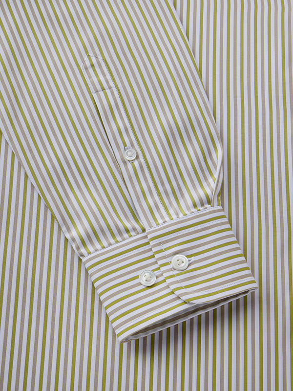 Barboni Olive Striped Full Sleeve Single Cuff Tailored Fit Classic Formal Egyptian Giza Silk Touch Cotton Shirt
