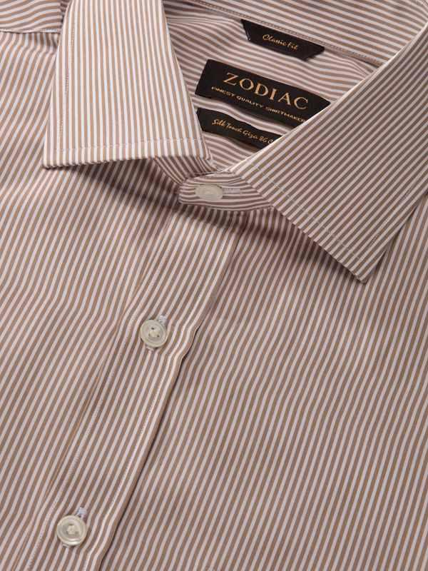 Barboni Beige Striped Single Cuff Classic Fit Classic Formal Silk Touch Egyptian Giza Cotton Shirt