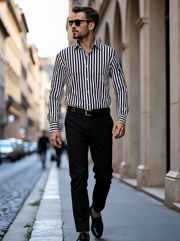 Barboni Black & White Striped Full Sleeve Single Cuff Tailored Fit Classic Formal Silk Touch Egyptian Giza Cotton Shirt