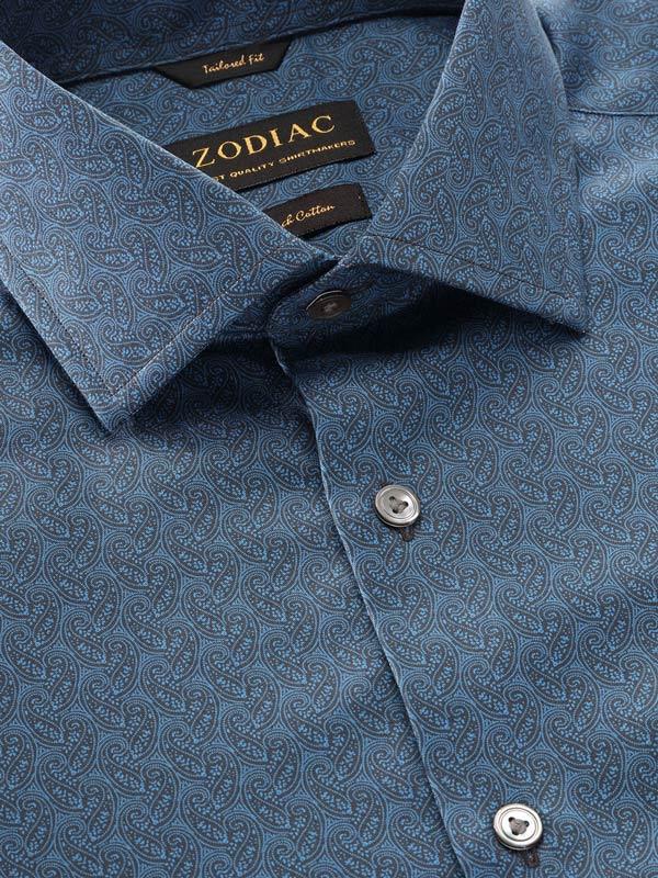 Bassano Navy Printed Full Sleeve Single Cuff Tailored Fit Dark Semi Formal Cotton Shirt