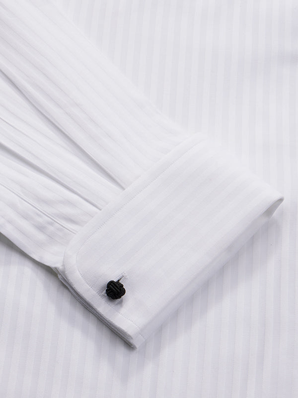 Bertolucci White Striped Full Sleeve Double Cuff Classic Fit Classic Formal Two Ply Mercerized Cotton Shirt