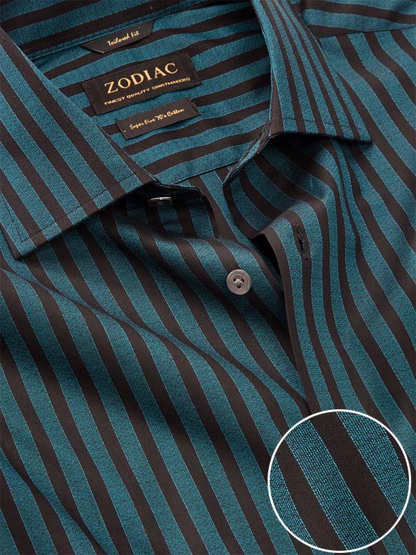 Chianti Teal Striped Full Sleeve Single Cuff Tailored Fit Dark Semi Formal Cotton Shirt