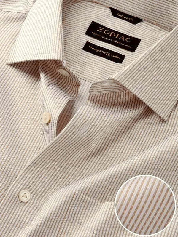 Da Vinci Beige Striped Full Sleeve Single Cuff Tailored Fit Classic Formal Two Ply Mercerized Cotton Shirt