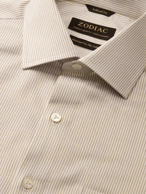 Da Vinci Beige Striped Full Sleeve Single Cuff Tailored Fit Classic Formal Two Ply Mercerized Cotton Shirt
