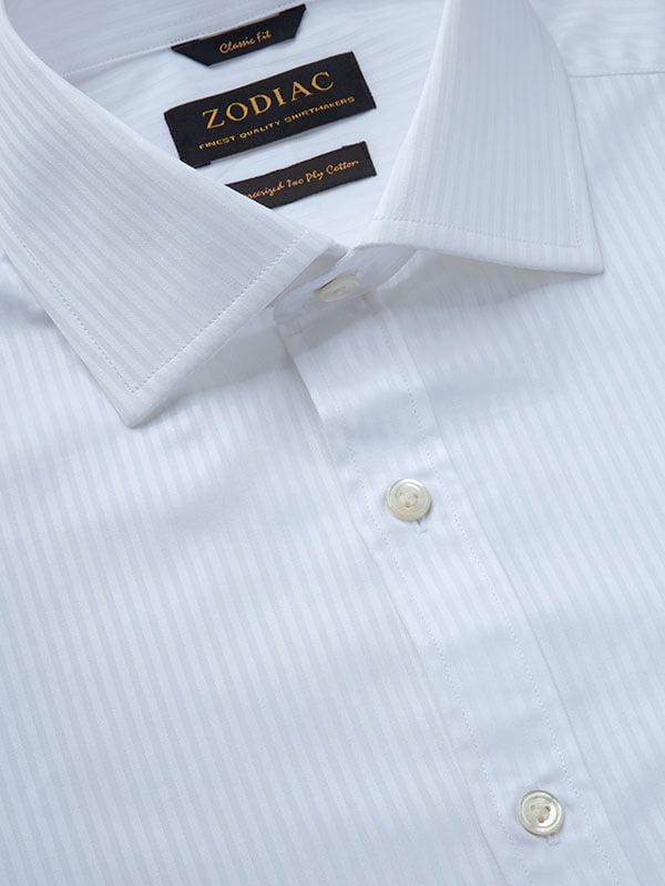 Da Vinci White Striped Full Sleeve Single Cuff Classic Fit Classic Formal Two Ply Mercerized Cotton Shirt