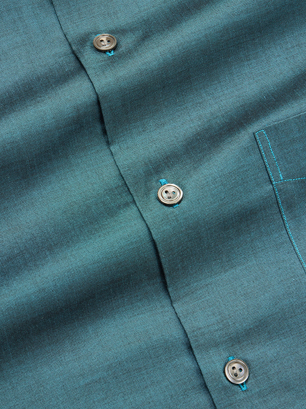 Fine Twill Teal Solid Full Sleeve Single Cuff Tailored Fit Semi Formal Super Fine Cotton Shirt