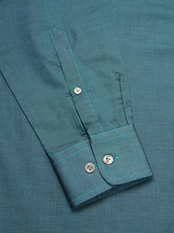 Fine Twill Teal Solid Full Sleeve Single Cuff Tailored Fit Semi Formal Super Fine Cotton Shirt