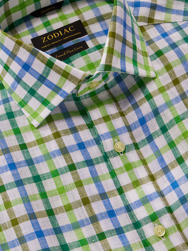 Positano Green Check Half Sleeve Classic Fit Semi Formal European Flax Linen Shirt