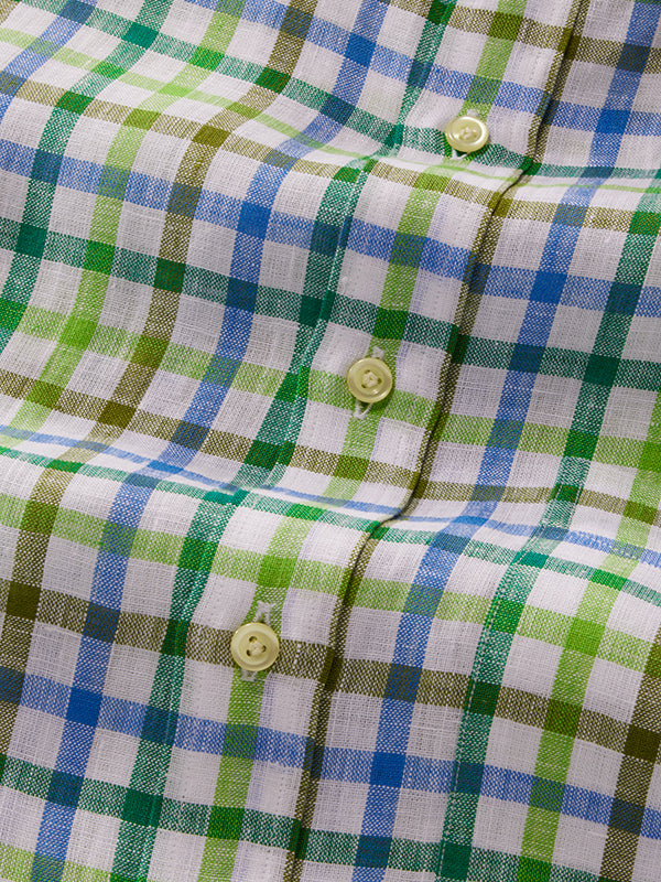 Positano Green Check Half Sleeve Classic Fit Semi Formal European Flax Linen Shirt