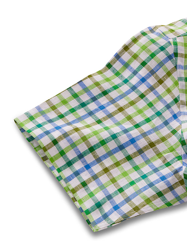 Positano Green Check Half Sleeve Classic Fit Semi Formal European Flax Linen Shirt