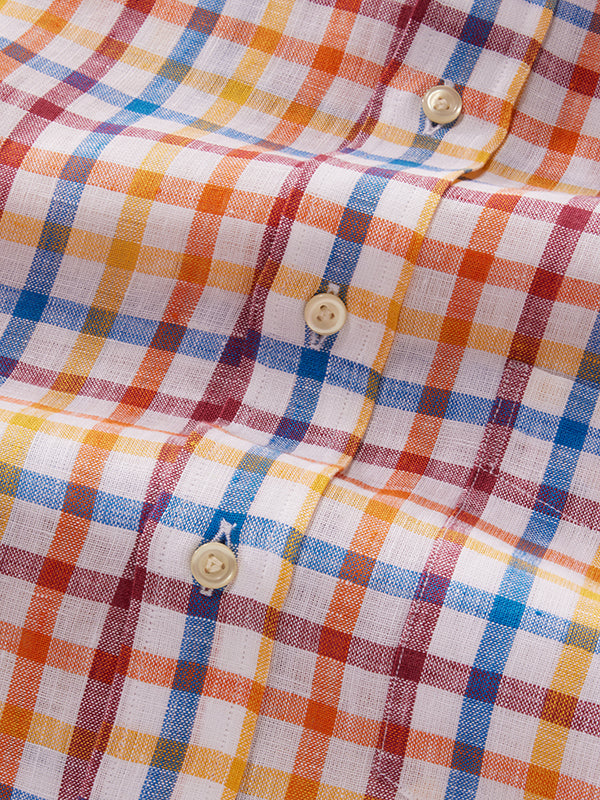 Positano Orange Check Half Sleeve Classic Fit Semi Formal French Flax Linen Shirt