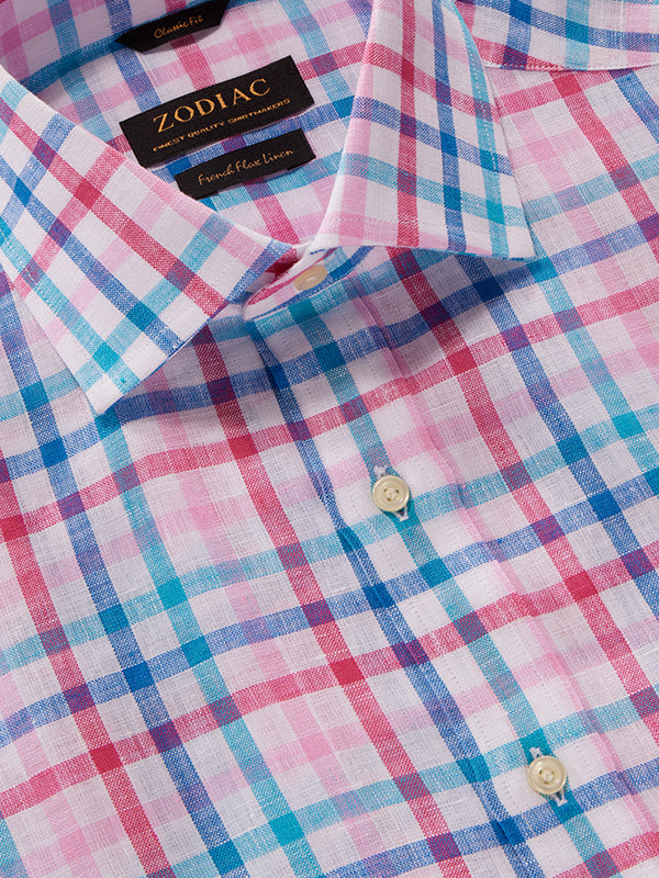 Positano Pink Check Half Sleeve Classic Fit Semi Formal French Flax Linen Shirt