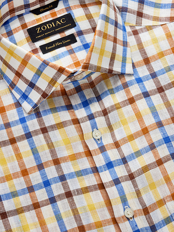 Positano Brown Check Half Sleeve Classic Fit Semi Formal European Flax Linen Shirt