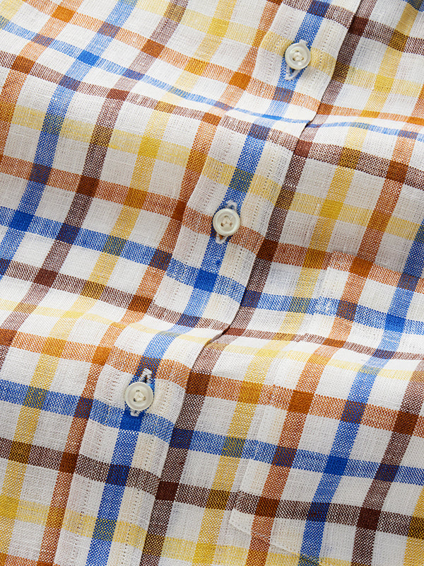 Positano Brown Check Half Sleeve Classic Fit Semi Formal European Flax Linen Shirt