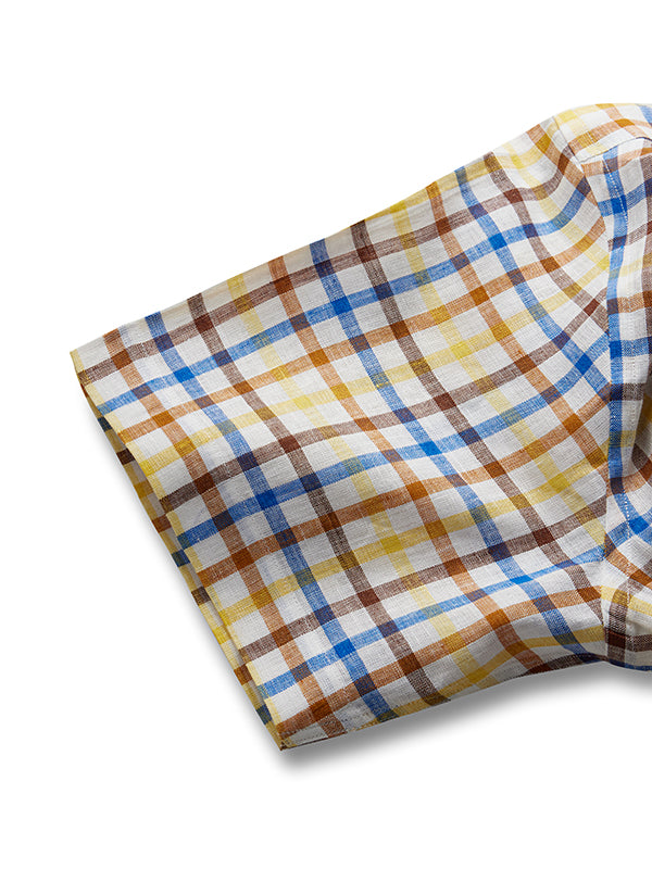 Positano Brown Check Half Sleeve Classic Fit Semi Formal European Flax Linen Shirt