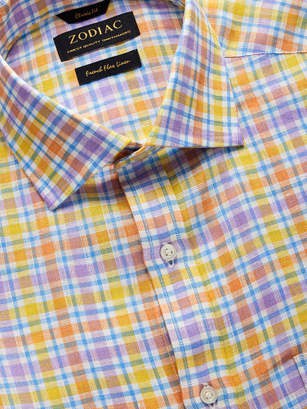 Positano Lilac Check Half Sleeve Classic Fit Semi Formal European Flax Linen Shirt