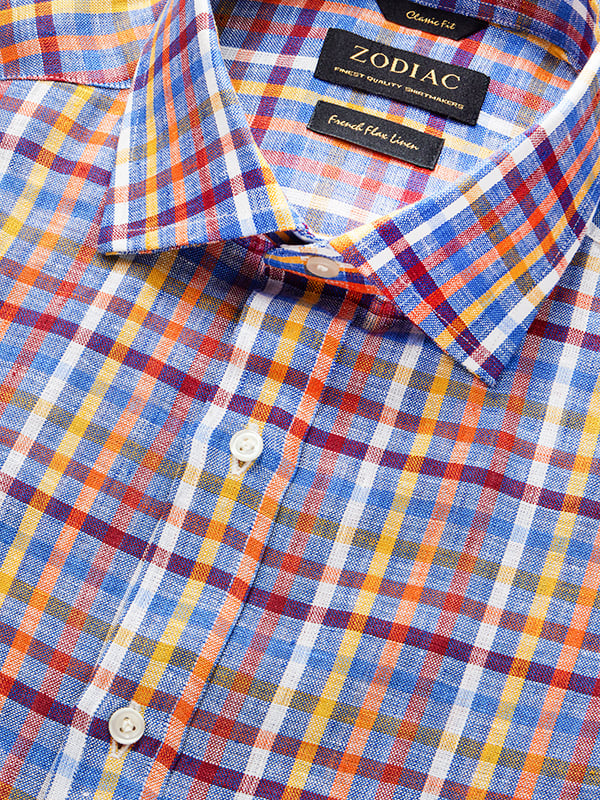 Positano Orange Check Full Sleeve Single Cuff Classic Fit Semi Formal European Flax Linen Shirt